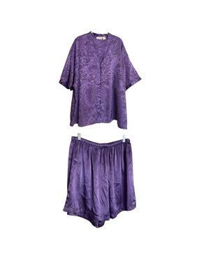 Solange Satin Cami Top & Shorts Pajama Set Lingerie Size 18/20 Purple Floral